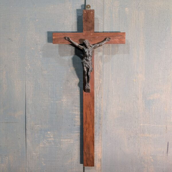 Heavy Antique French Wall Hanging Crucifix with Iron Corpus & Mahogany Cross