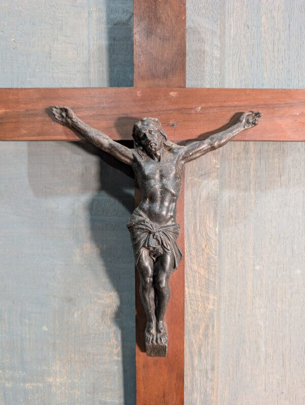 Heavy Antique French Wall Hanging Crucifix with Iron Corpus & Mahogany Cross