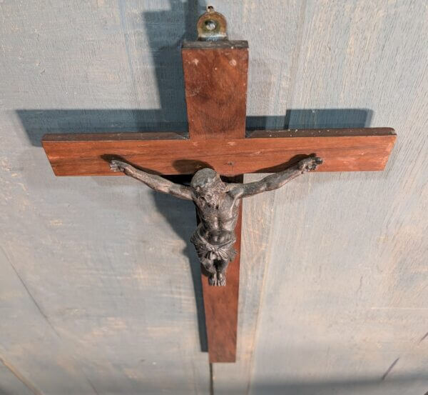 Heavy Antique French Wall Hanging Crucifix with Iron Corpus & Mahogany Cross