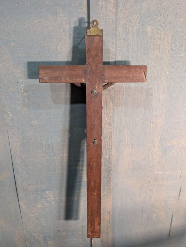 Heavy Antique French Wall Hanging Crucifix with Iron Corpus & Mahogany Cross