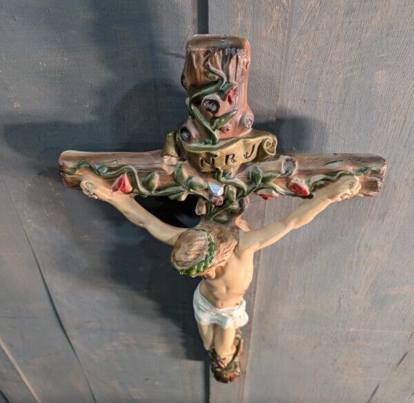 Charming Bucolic Large Vintage 1950's Chalkware French Crucifix