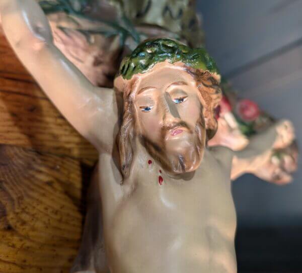 Charming Bucolic Large Vintage 1950's Chalkware French Crucifix