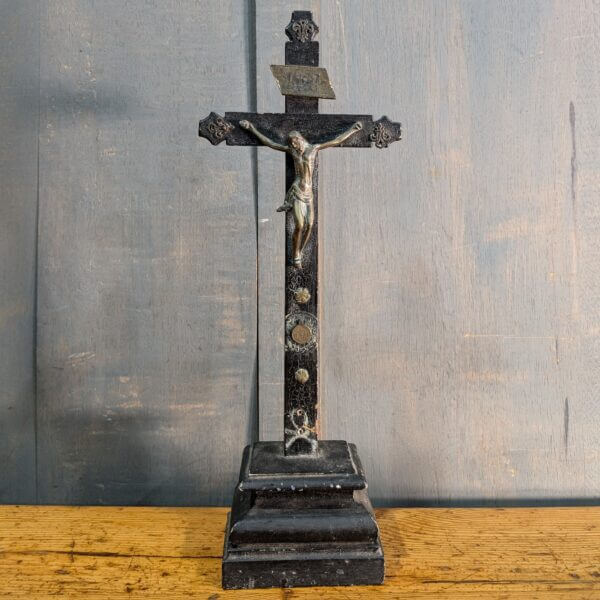 1700's Brass & Black Painted Wood Table Crucifix