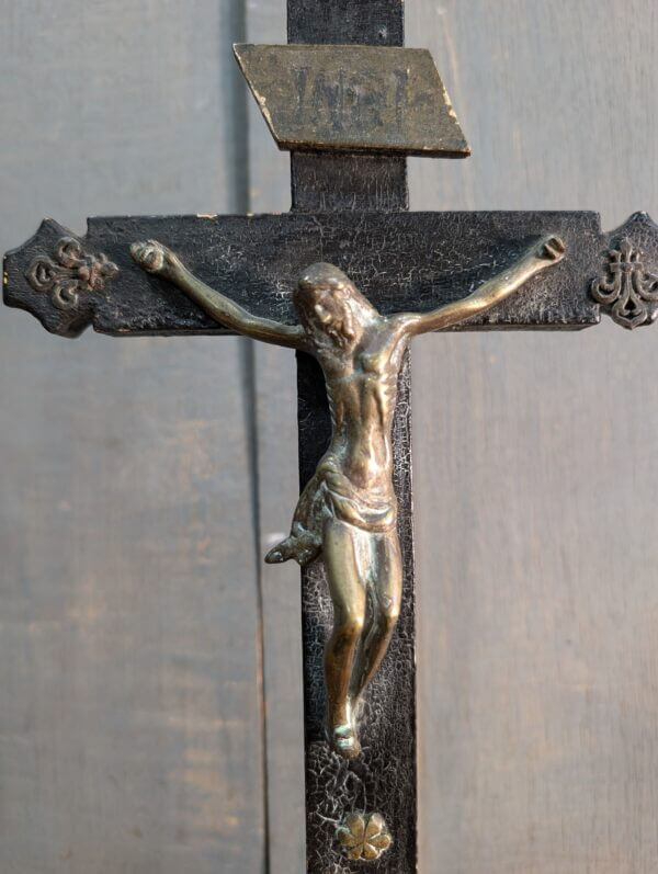 1700's Brass & Black Painted Wood Table Crucifix