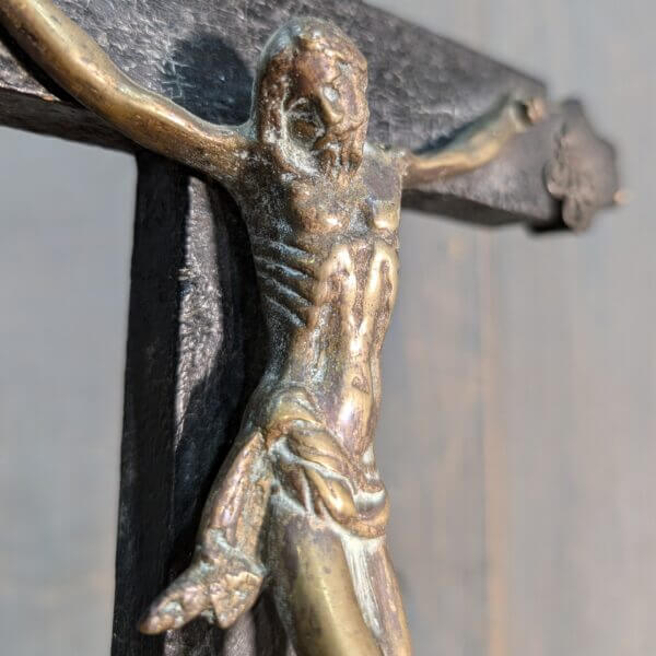 1700's Brass & Black Painted Wood Table Crucifix