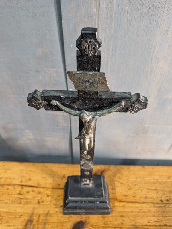 1700's Brass & Black Painted Wood Table Crucifix