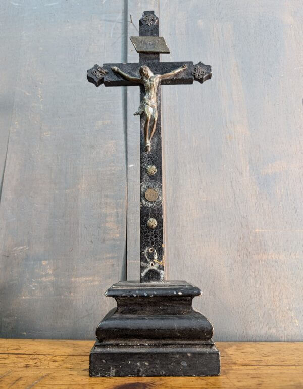 1700's Brass & Black Painted Wood Table Crucifix