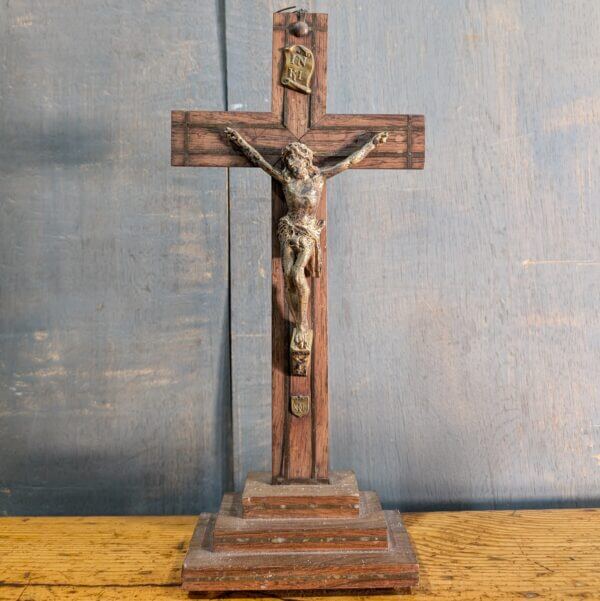 Later 19th Century French Brass Inlaid Mahogany Table Crucifix with Metal Figure