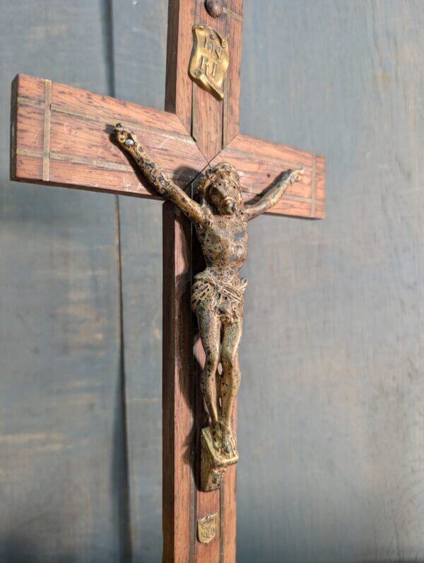 Later 19th Century French Brass Inlaid Mahogany Table Crucifix with Metal Figure