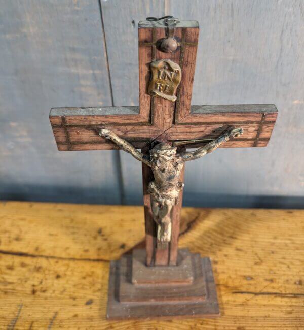 Later 19th Century French Brass Inlaid Mahogany Table Crucifix with Metal Figure