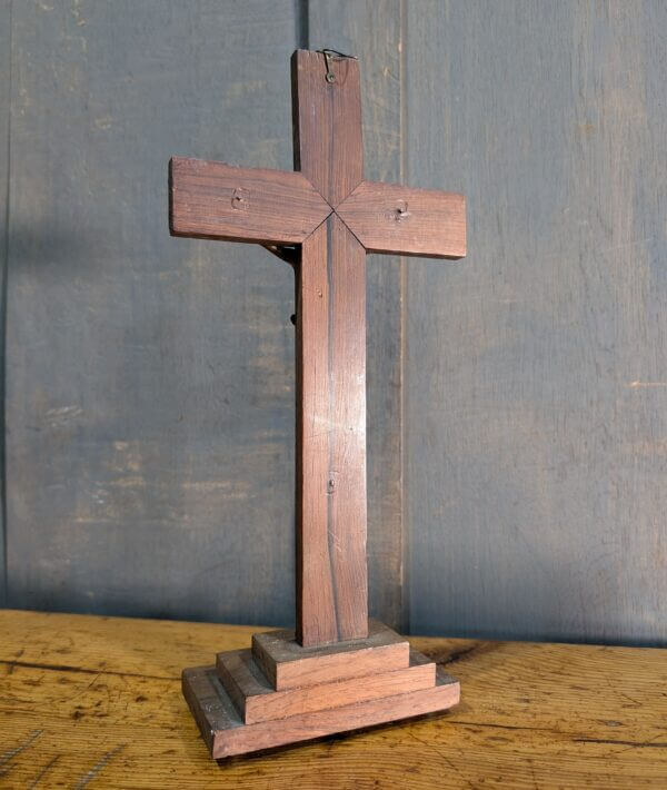 Later 19th Century French Brass Inlaid Mahogany Table Crucifix with Metal Figure