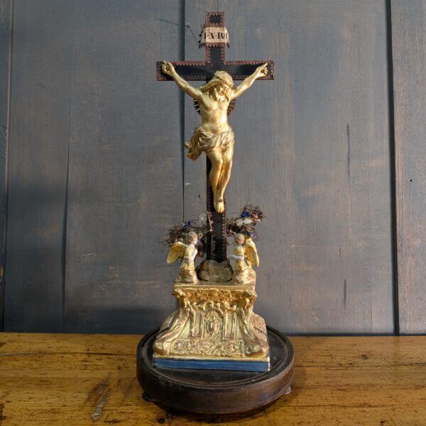 Remarkable & Striking Antique French 'Golden' Crucifix with Angels & Ornate Base