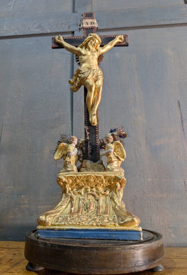 Remarkable & Striking Antique French 'Golden' Crucifix with Angels & Ornate Base