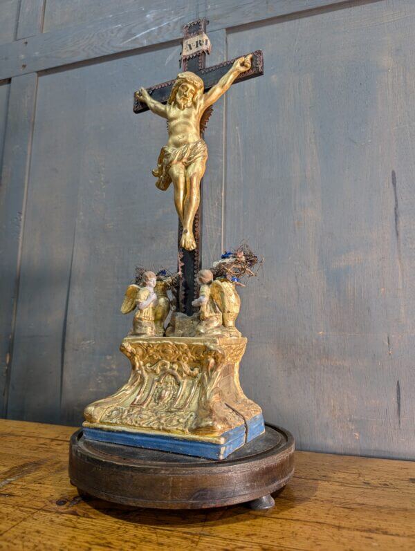 Remarkable & Striking Antique French 'Golden' Crucifix with Angels & Ornate Base