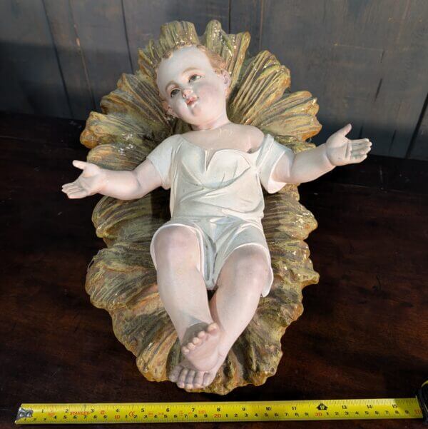 Outstanding Extra Large Antique Chalkware Nativity Bambino with Glass Eyes