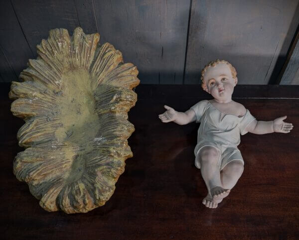 Outstanding Extra Large Antique Chalkware Nativity Bambino with Glass Eyes