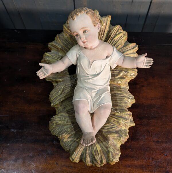 Outstanding Extra Large Antique Chalkware Nativity Bambino with Glass Eyes