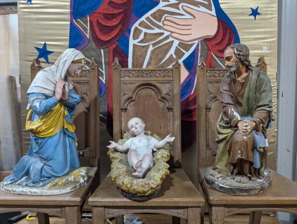 Outstanding Extra Large Antique Chalkware Nativity Bambino with Glass Eyes