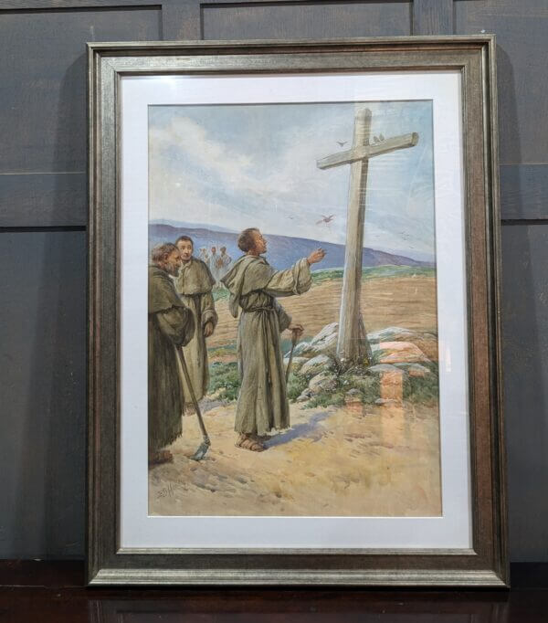 Large Religious Watercolour by Evelyn Stuart Hardy 1865-1935 Iona Monks Visiting a Cross