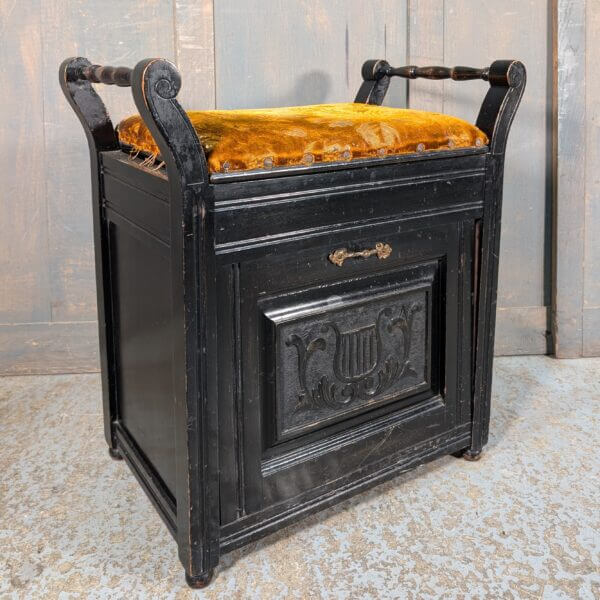 Heavy Antique Black Lacquered Teak Piano Stool with much Storage