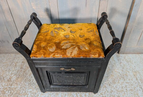 Heavy Antique Black Lacquered Teak Piano Stool with much Storage