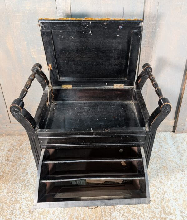 Heavy Antique Black Lacquered Teak Piano Stool with much Storage