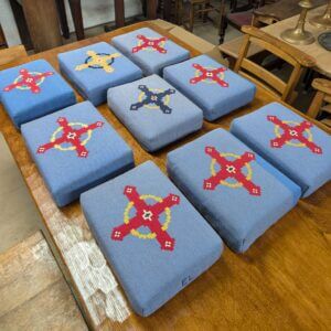 Beautiful Group of Nine Blue Hand Embroidered Crosses Church Hassocks with Resin Base from Holy Trinity Church Redhill