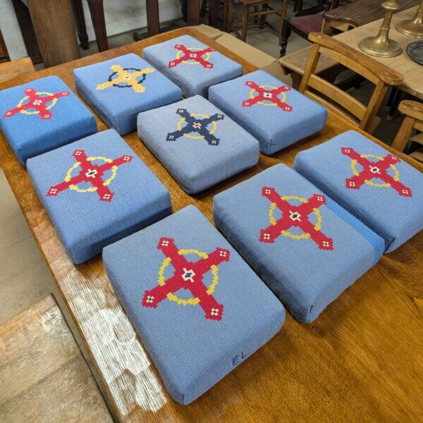 Beautiful Group of Nine Blue Hand Embroidered Crosses Church Hassocks with Resin Base from Holy Trinity Church Redhill