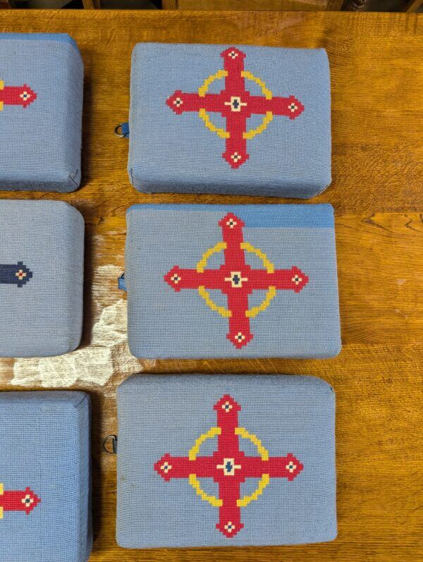 Beautiful Group of Nine Blue Hand Embroidered Crosses Church Hassocks with Resin Base from Holy Trinity Church Redhill