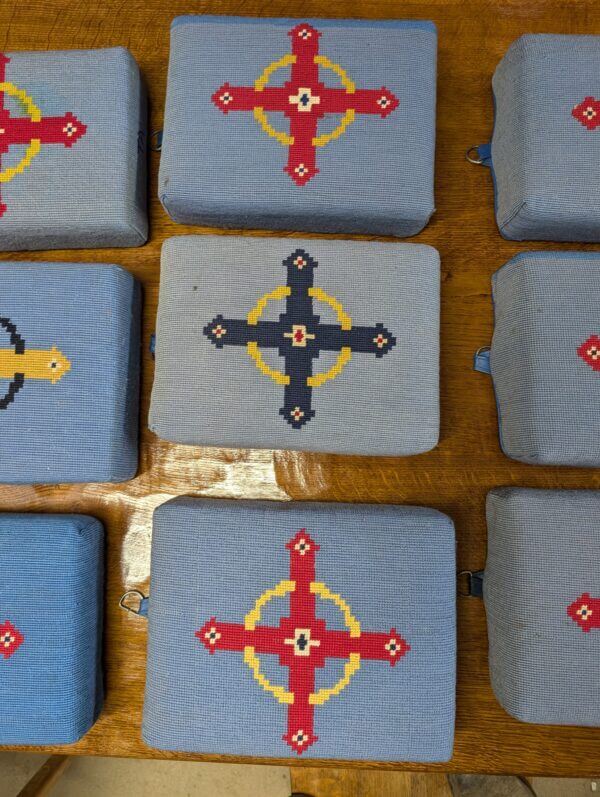 Beautiful Group of Nine Blue Hand Embroidered Crosses Church Hassocks with Resin Base from Holy Trinity Church Redhill