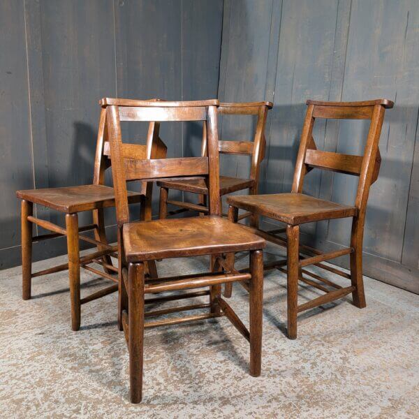 Set of 4 Primrose Hill Classic Early 1900's Elm & Beech Church Chairs with Racks