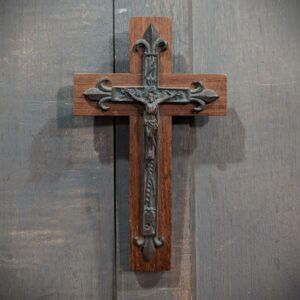 18th Century Small Bronze French Crucifix Mounted on Modern Teak Cross