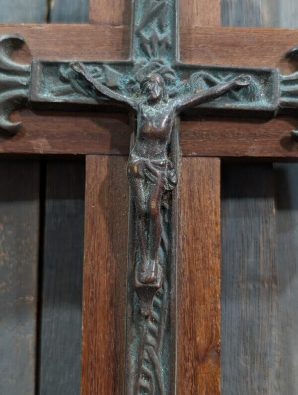 18th Century Small Bronze French Crucifix Mounted on Modern Teak Cross