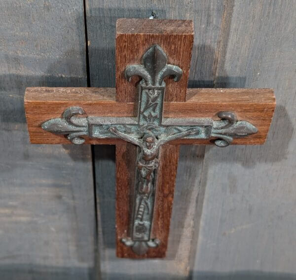 18th Century Small Bronze French Crucifix Mounted on Modern Teak Cross