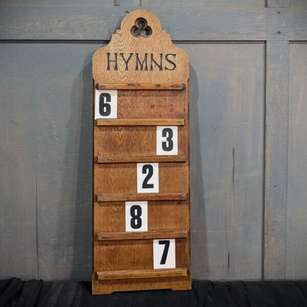 Antique Oak Five Hymn Hymn Board with Carved 'Hymns' & Trefoil