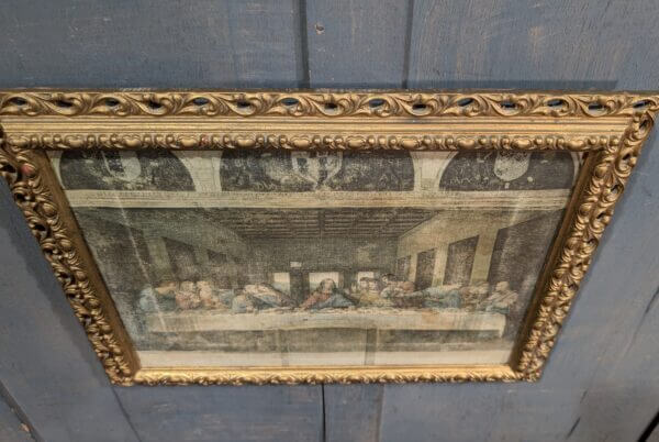 Interesting Gold Framed Faded Vintage Last Supper printed on Coarse Grain Linen