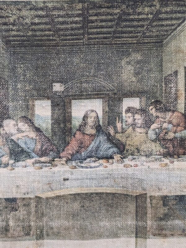 Interesting Gold Framed Faded Vintage Last Supper printed on Coarse Grain Linen