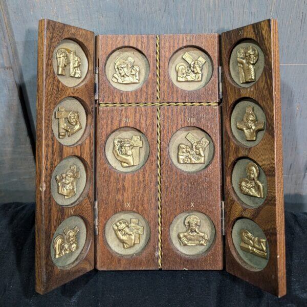 Unusual Italian Teak & Metal Pocket Triptych Stations of the Cross