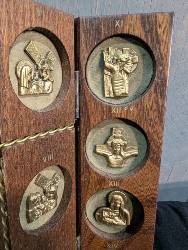 Unusual Italian Teak & Metal Pocket Triptych Stations of the Cross