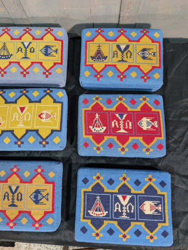 Beautiful Group of Nine Blue Hand Embroidered Church Kneelers Hassocks Cushions from Holy Trinity Church Redhill