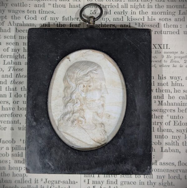 Framed Antique French Miniature Hanging Porcelain Plaque of Christ