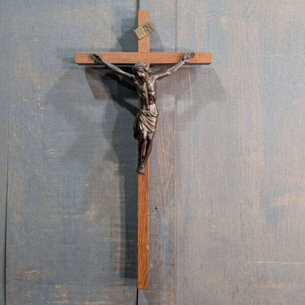 Austere French Deco 1950's Narrow Cross Dark Figure Convent Crucifix