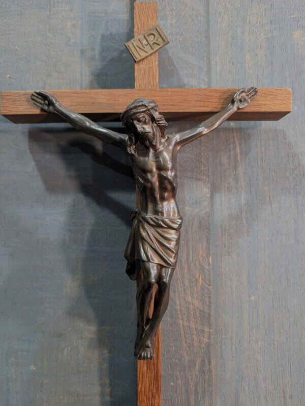 Austere French Deco 1950's Narrow Cross Dark Figure Convent Crucifix