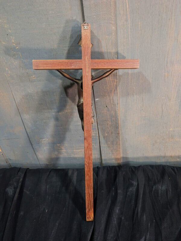 Austere French Deco 1950's Narrow Cross Dark Figure Convent Crucifix