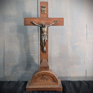 Sombre Oak & Metal Altar Crucifix with IHS Carved Base