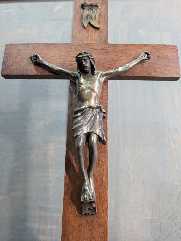 Sombre Oak & Metal Altar Crucifix with IHS Carved Base