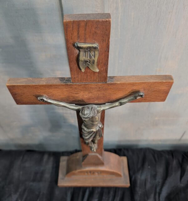 Sombre Oak & Metal Altar Crucifix with IHS Carved Base