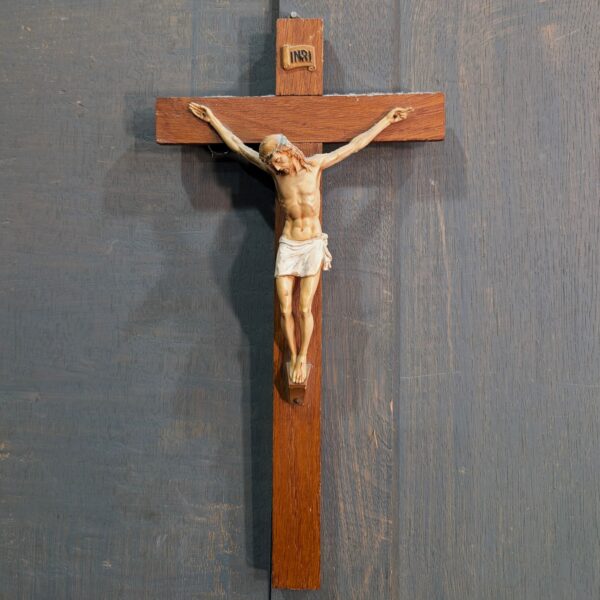 1960's Vintage Plastic & Oak Small Crucifix from a bedroom at St Joseph's Convent East Molesey