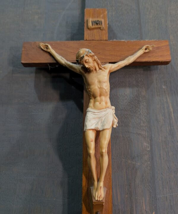 1960's Vintage Plastic & Oak Small Crucifix from a bedroom at St Joseph's Convent East Molesey