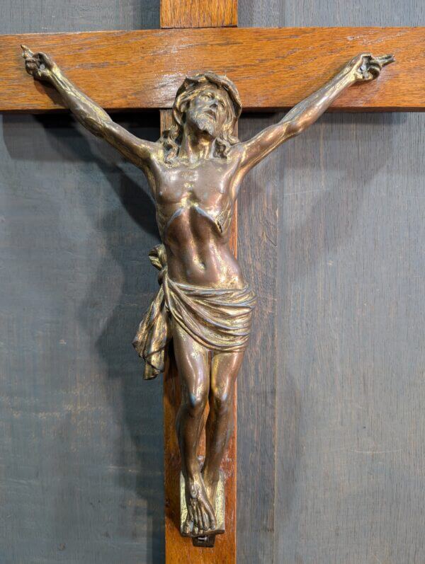 Heavy Finely Detailed Larger Size Metal & Oak Crucifix from St Joseph's Convent East Molesey